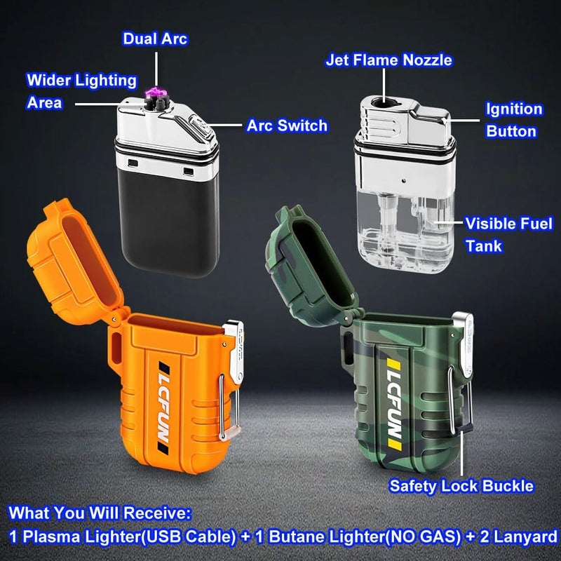 LCFUN 2 Pack Waterproof Lighters, Outdoor Windproof Torch Lighters Butane Refillable - NO Buatne, Electric Dual Arc Plasma Lighter USB Rechargeable Matches, Christmas Stocking Stuffers Survival Gifts - Image 2